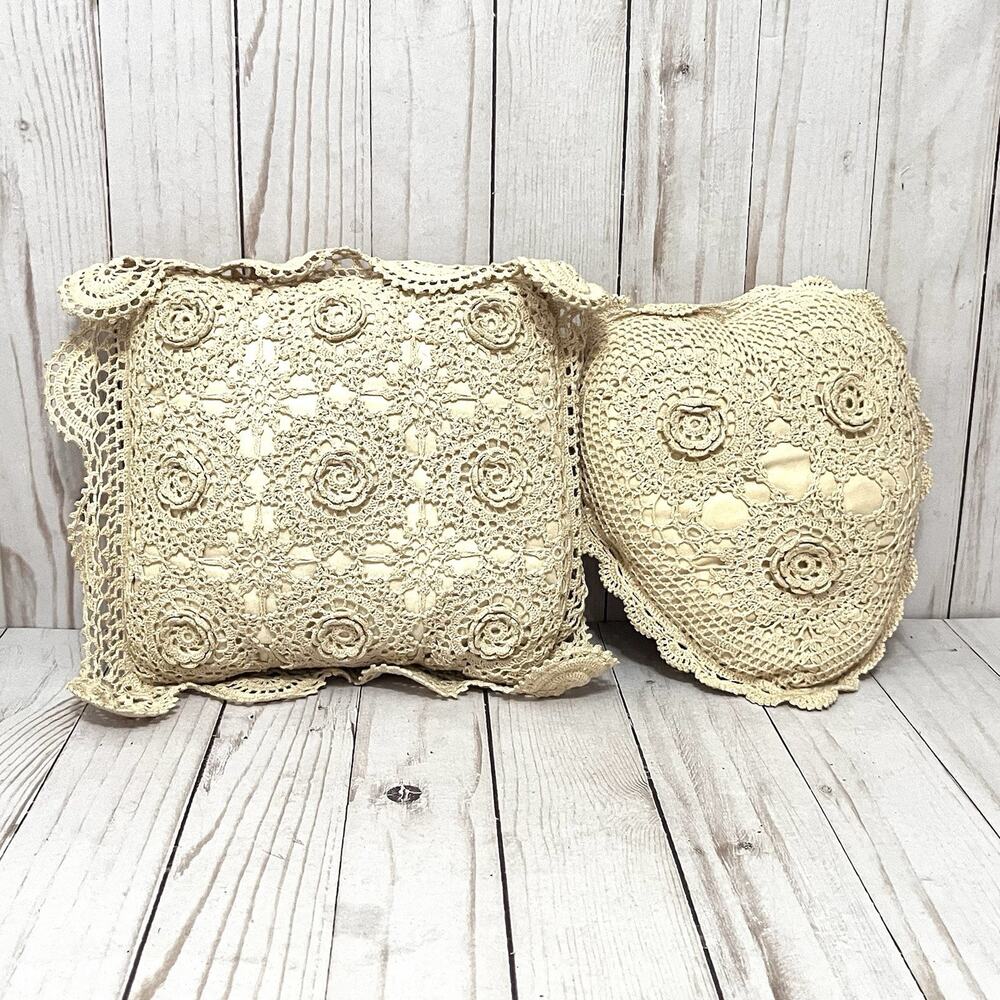 Keeco Vintage Cottagecore Crochet Lace Pillow Set Heart & Square Boho Chic 1995
